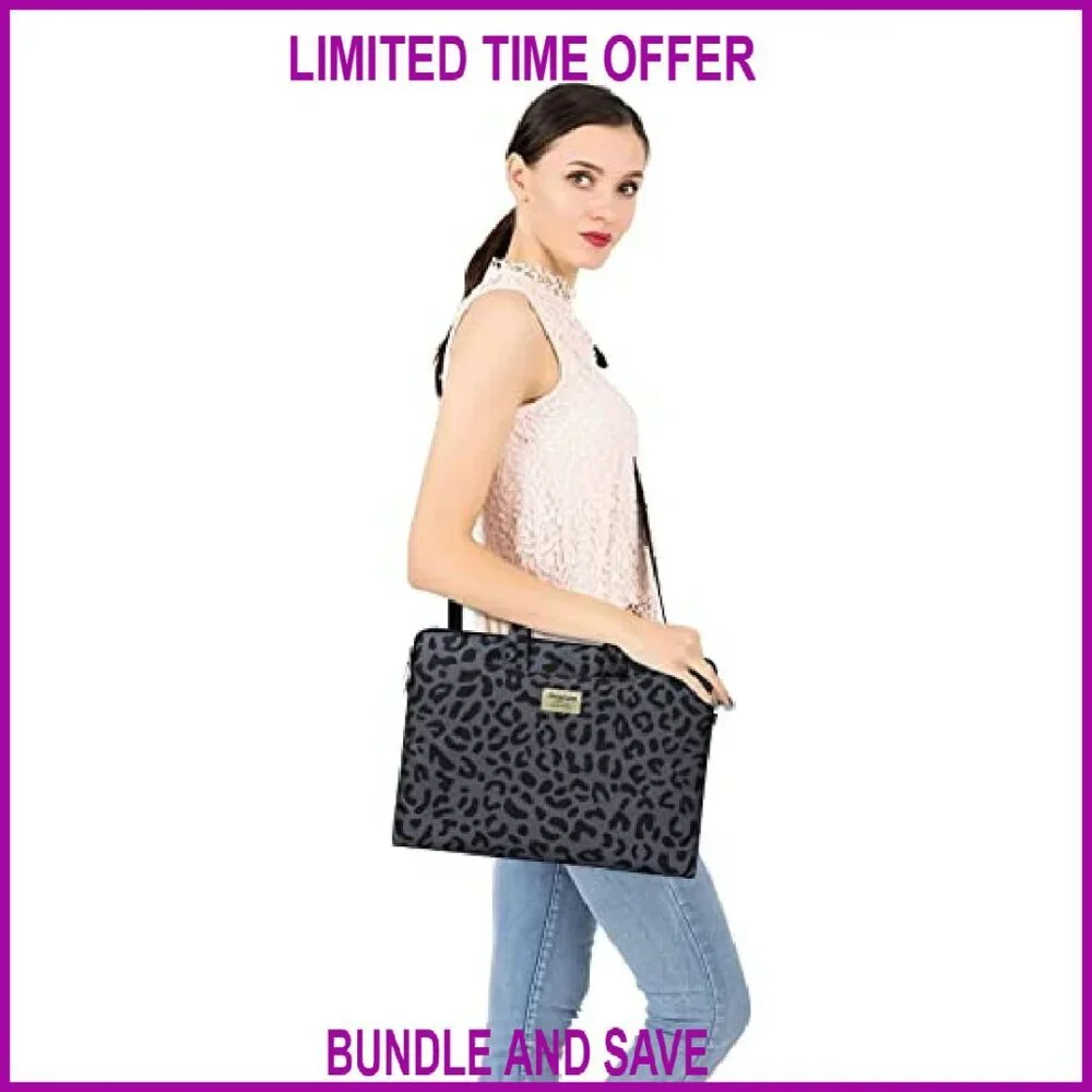 15.6 Inch Laptop Shoulder Bag Leopard Grain Briefcase Sleeve with Belt